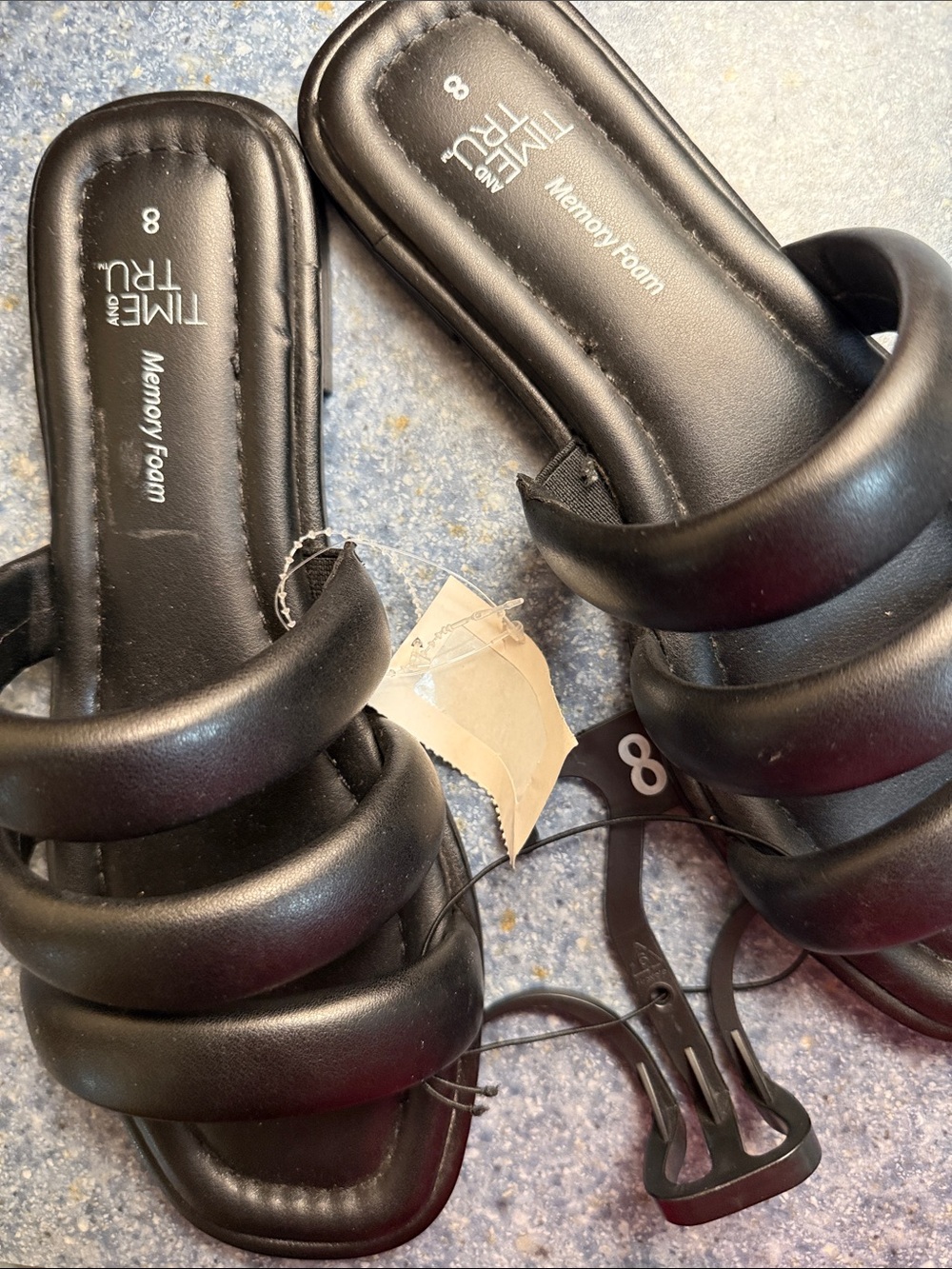 Time and Tru Black Padded Slide Sandals